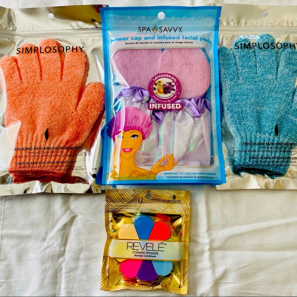 shower gloves and cap facial scrub pads and more